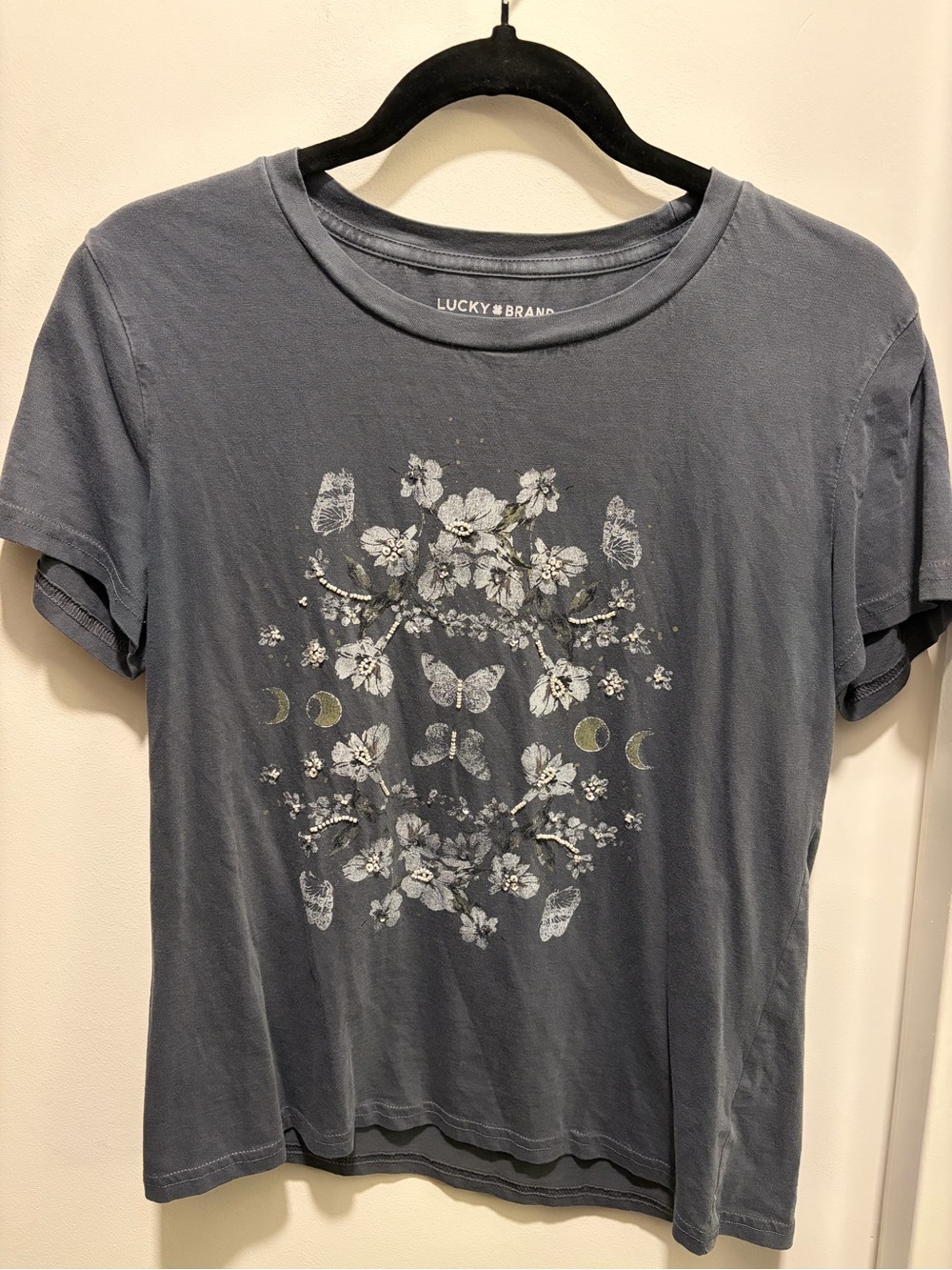 Lucky Brand Slate Blue Floral & Butterfly Graphic Tee